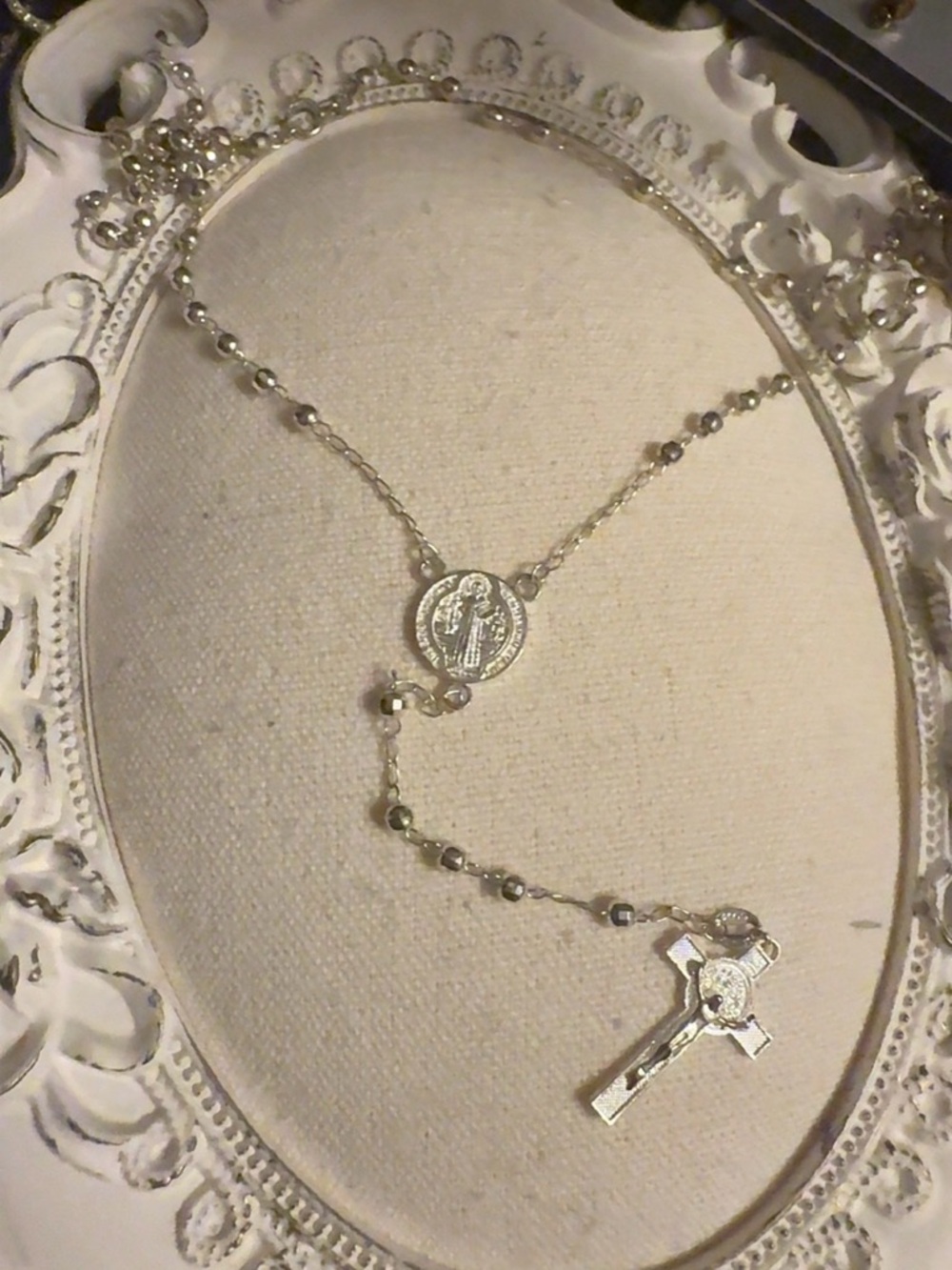 Sterling Silver Rosary Necklace with Crucifix and Miraculous Medal - Silver